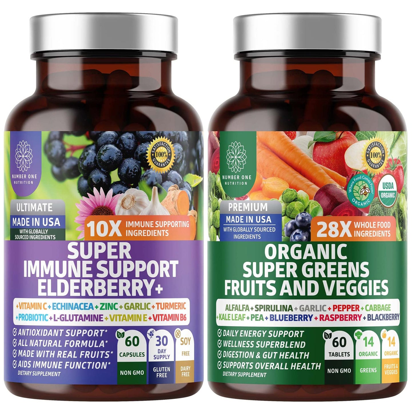 N1N Premium Organic Super Fruits & Veggies + Immune Support [38 Powerful Ingredients], Natural Super Greens Supplement with Alfalfa, Vitamins & Minerals, Zinc, Turmeric and Probiotic, 120 Caps - dailyvitalstore