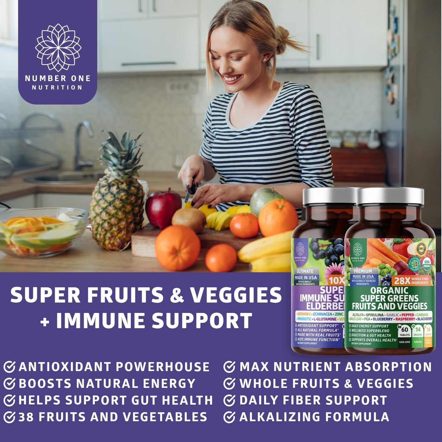 N1N Premium Organic Super Fruits & Veggies + Immune Support [38 Powerful Ingredients], Natural Super Greens Supplement with Alfalfa, Vitamins & Minerals, Zinc, Turmeric and Probiotic, 120 Caps - dailyvitalstore