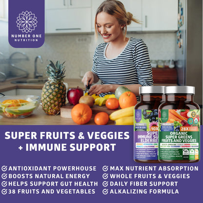N1N Premium Organic Super Fruits & Veggies + Immune Support [38 Powerful Ingredients], Natural Super Greens Supplement with Alfalfa, Vitamins & Minerals, Zinc, Turmeric and Probiotic, 120 Caps - dailyvitalstore