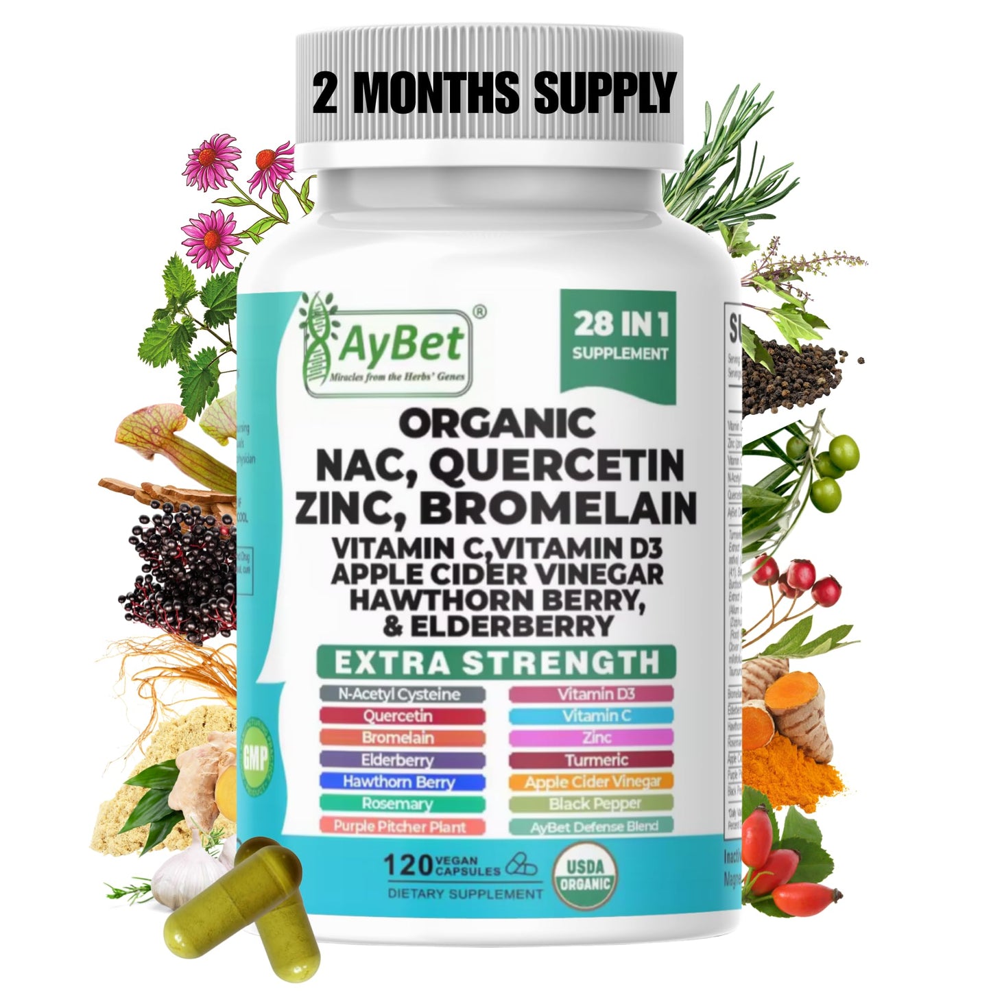 NAC-n-acetyl cysteine- Quercetin Zinc Bromelain Supplement | Extra Strength with Vit C, D3, Apple Cider Vinegar, Elderberry, Hawthorn Berry, Turmeric | Immune Support|120 Vegan Capsules | USDA Organic - dailyvitalstore