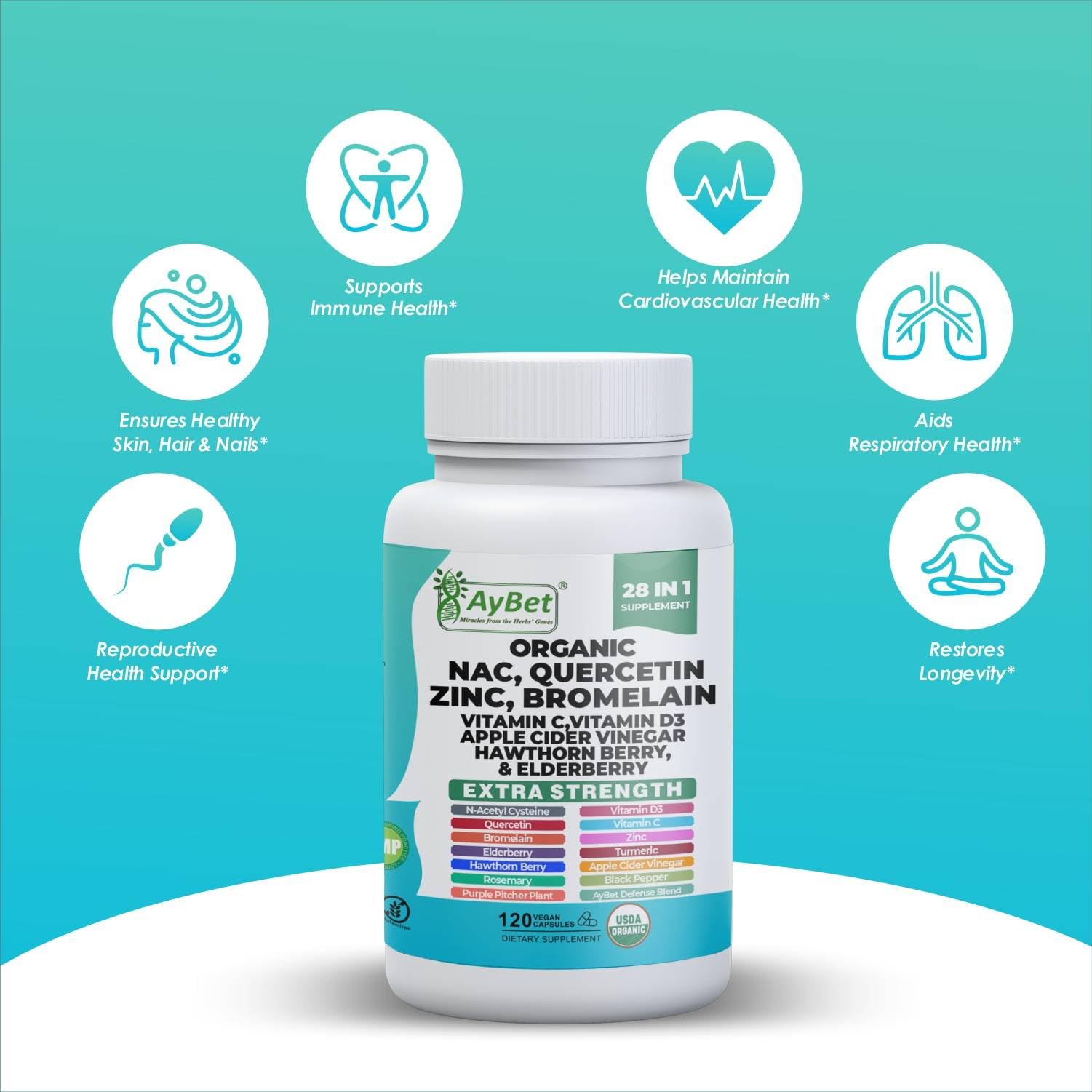 NAC-n-acetyl cysteine- Quercetin Zinc Bromelain Supplement | Extra Strength with Vit C, D3, Apple Cider Vinegar, Elderberry, Hawthorn Berry, Turmeric | Immune Support|120 Vegan Capsules | USDA Organic - dailyvitalstore