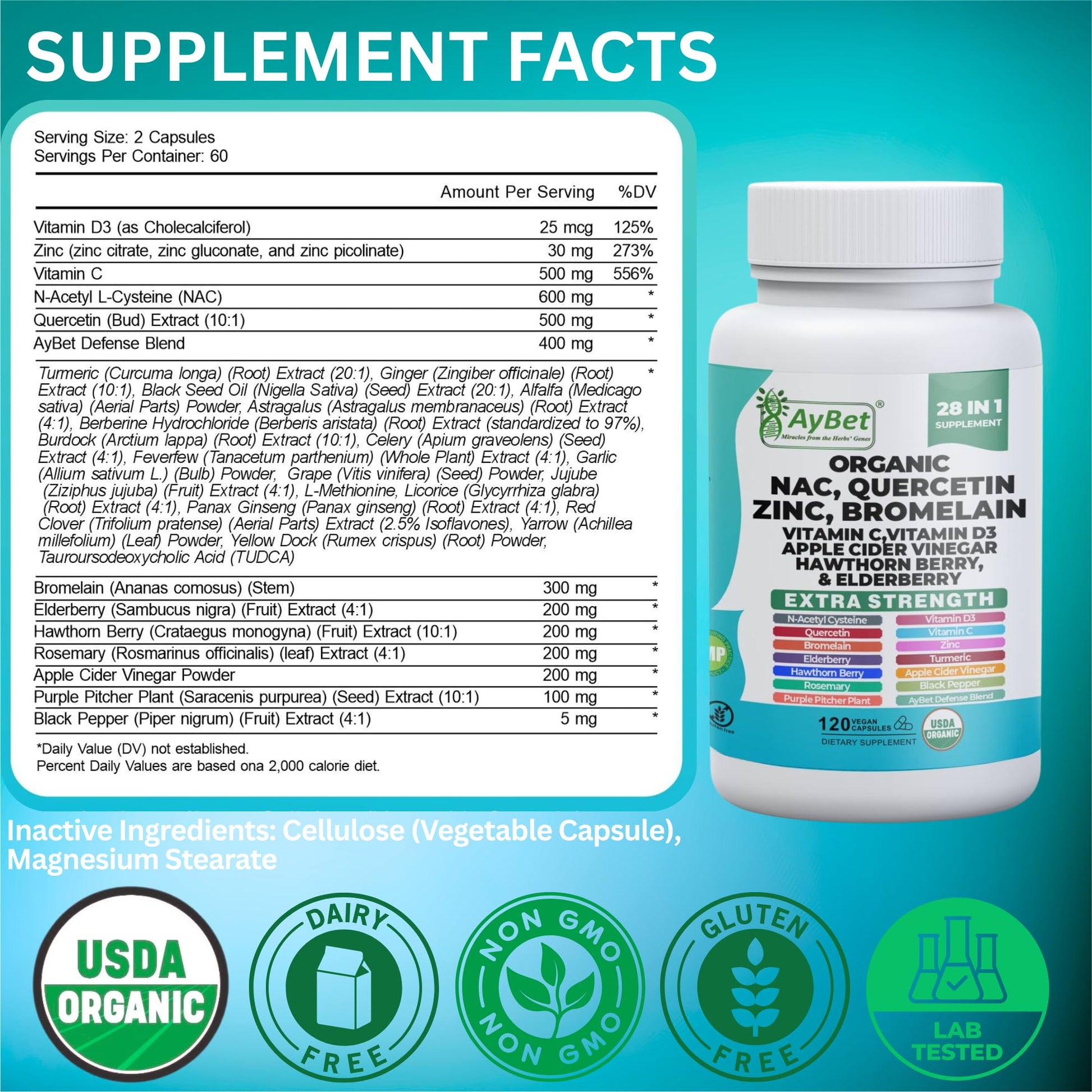 NAC-n-acetyl cysteine- Quercetin Zinc Bromelain Supplement | Extra Strength with Vit C, D3, Apple Cider Vinegar, Elderberry, Hawthorn Berry, Turmeric | Immune Support|120 Vegan Capsules | USDA Organic - dailyvitalstore