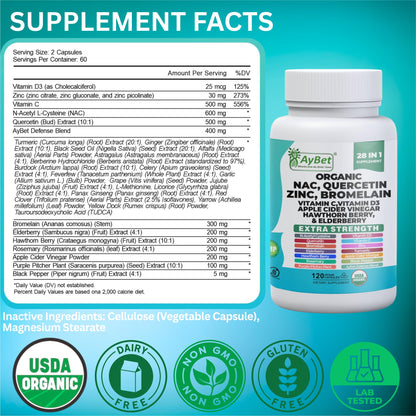 NAC-n-acetyl cysteine- Quercetin Zinc Bromelain Supplement | Extra Strength with Vit C, D3, Apple Cider Vinegar, Elderberry, Hawthorn Berry, Turmeric | Immune Support|120 Vegan Capsules | USDA Organic - dailyvitalstore