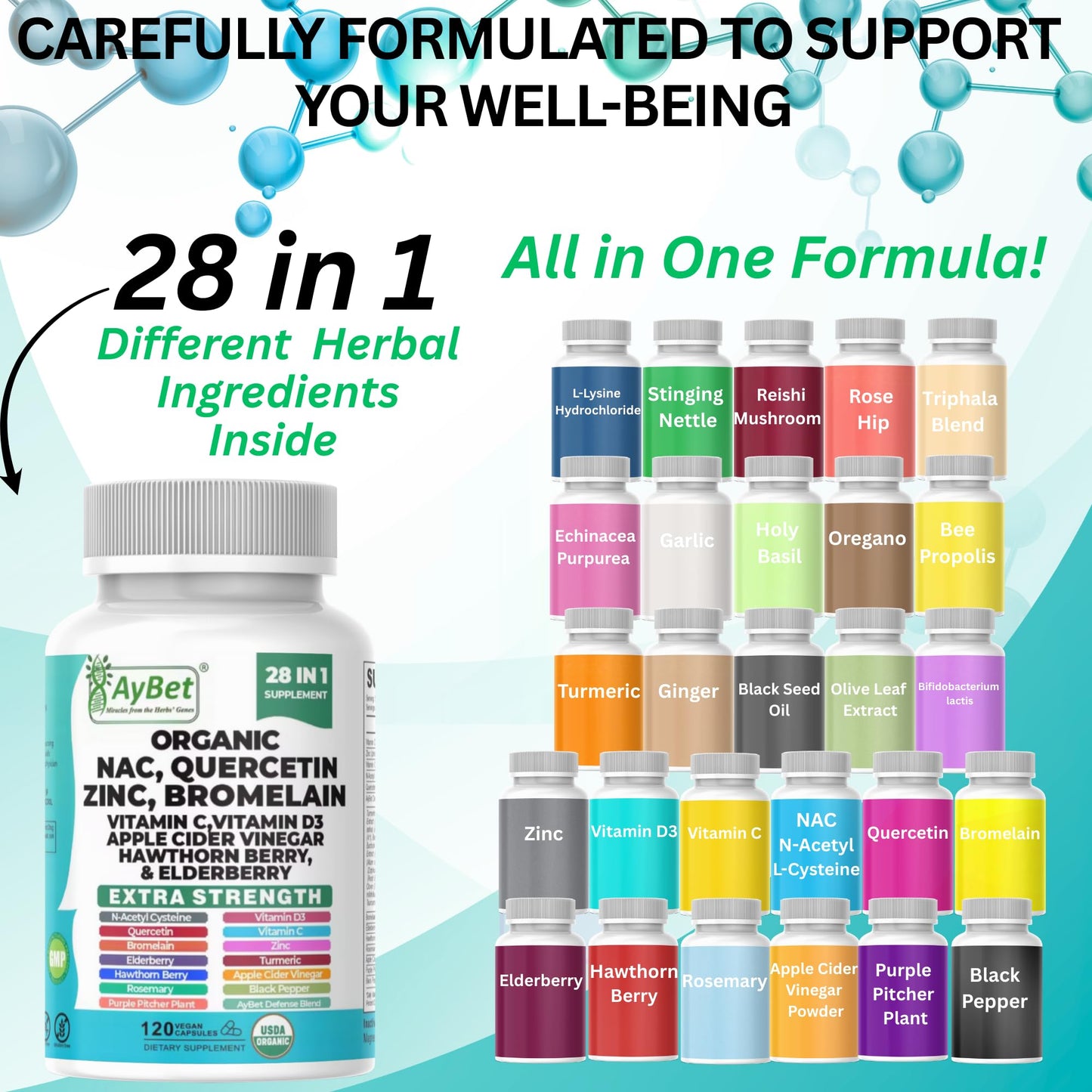 NAC-n-acetyl cysteine- Quercetin Zinc Bromelain Supplement | Extra Strength with Vit C, D3, Apple Cider Vinegar, Elderberry, Hawthorn Berry, Turmeric | Immune Support|120 Vegan Capsules | USDA Organic - dailyvitalstore