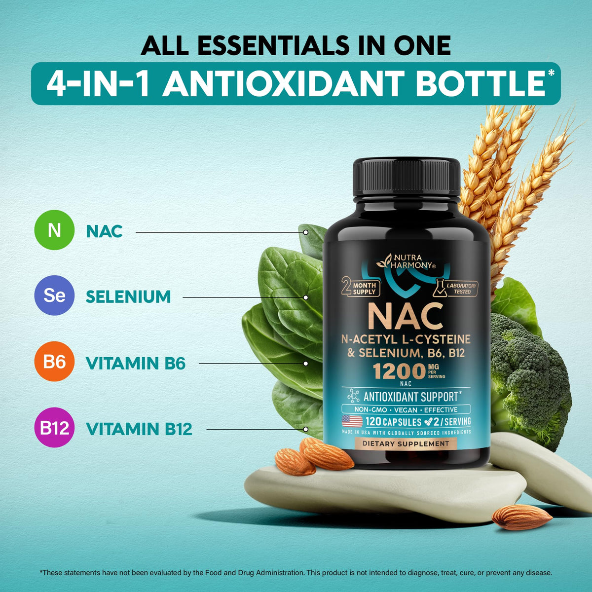 NAC Supplement | Selenium | B6 | B12 - Antioxidant, Immune Support - N Acetyl Cysteine 600 mg per Capsule, 1200 mg per Serving - Made in USA - Non-GMO, Gluten-Free - dailyvitalstore