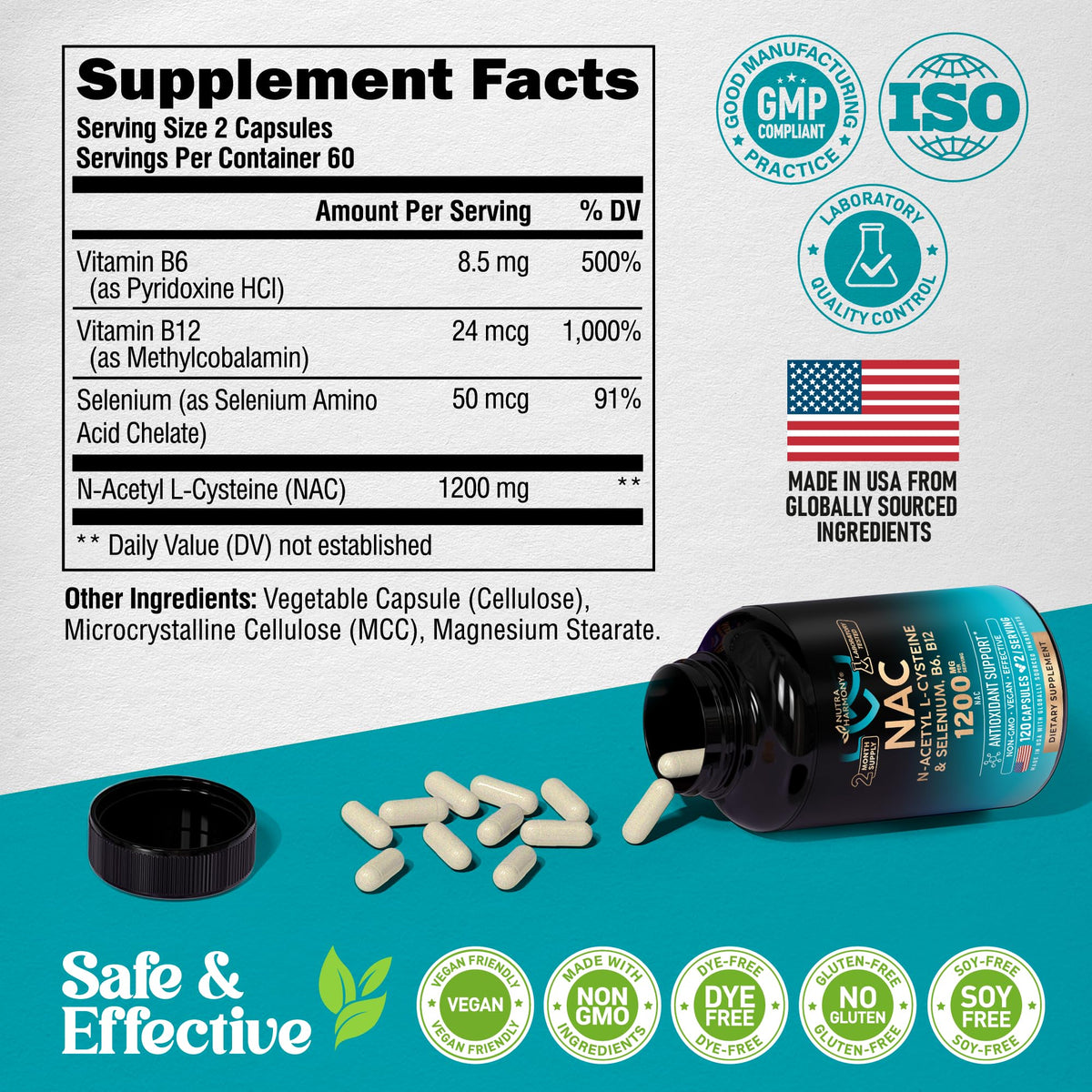 NAC Supplement | Selenium | B6 | B12 - Antioxidant, Immune Support - N Acetyl Cysteine 600 mg per Capsule, 1200 mg per Serving - Made in USA - Non-GMO, Gluten-Free - dailyvitalstore