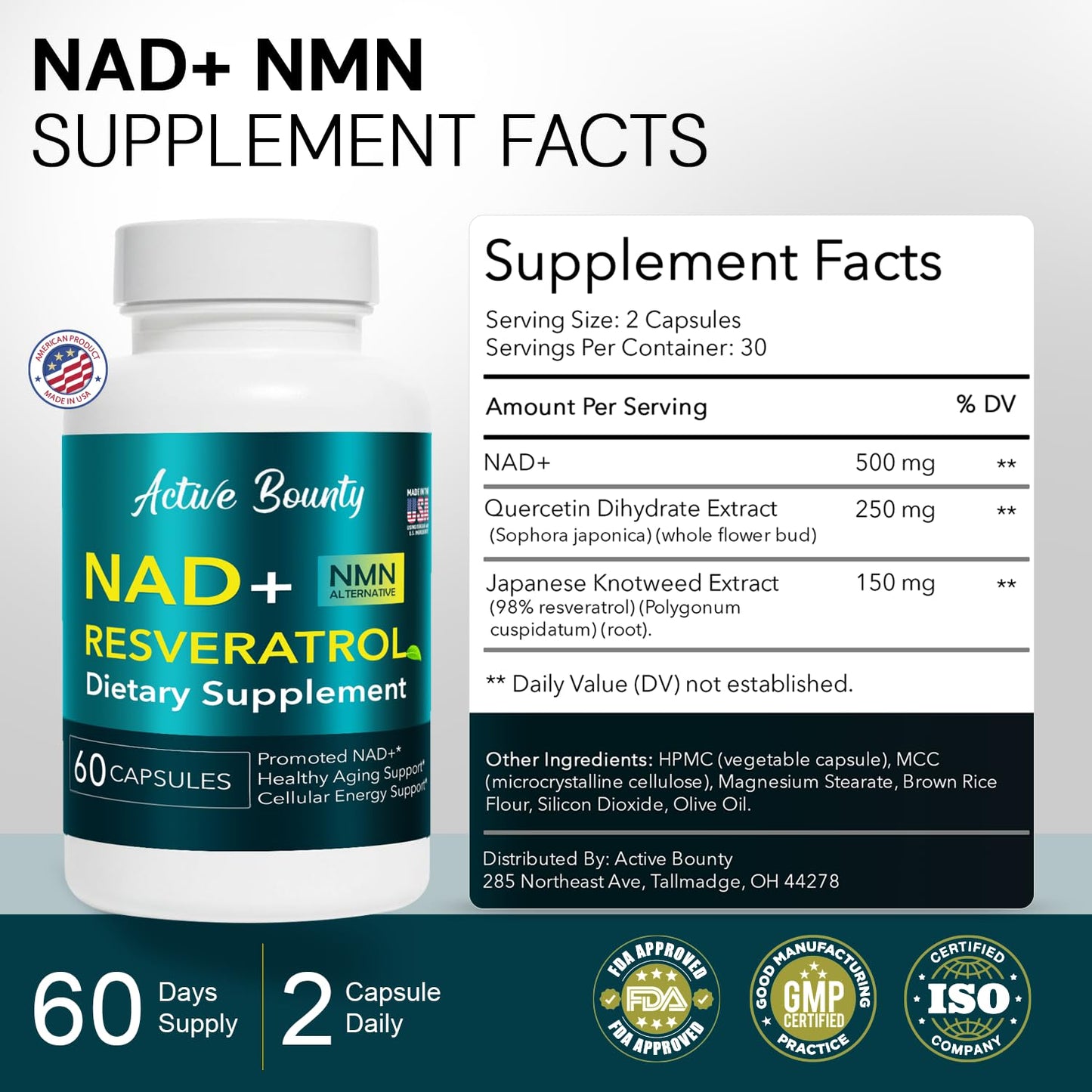 NAD+ Resveratrol Supplement with Quercetin – NMN Alternative for Cellular Energy Support, Focus & Healthy Aging – High Potency 500mg NAD+ Formula, Vegan, Non-GMO, Gluten-Free, Made in USA, 60 Capsules - dailyvitalstore