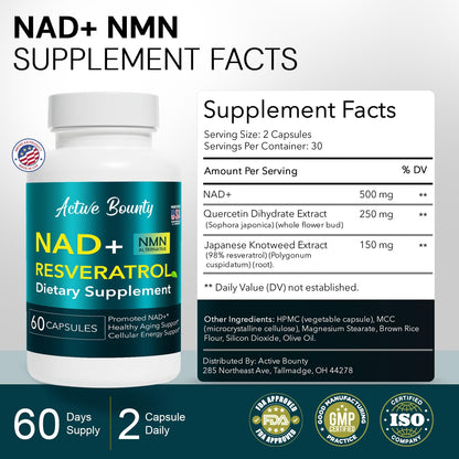 NAD+ Resveratrol Supplement with Quercetin – NMN Alternative for Cellular Energy Support, Focus & Healthy Aging – High Potency 500mg NAD+ Formula, Vegan, Non-GMO, Gluten-Free, Made in USA, 60 Capsules - dailyvitalstore