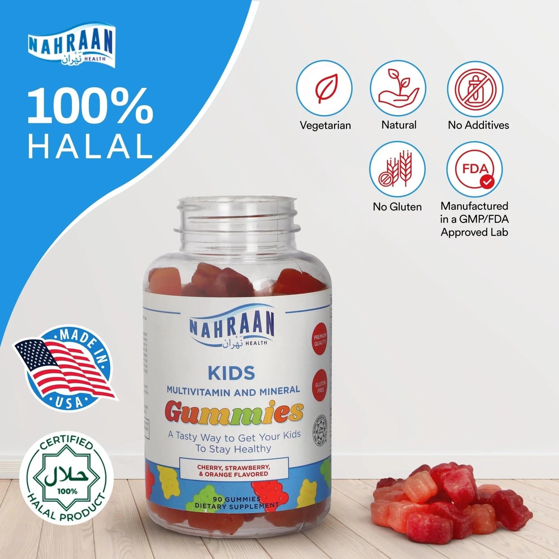 NAHRAAN HEALTH Halal Vitamins for Kids - Halal Multivitamins for Kids Vitamin A, C, D, E, B6, B12 - Non-GMO Vegetarian, Halal Gummies - 90 Count - dailyvitalstore