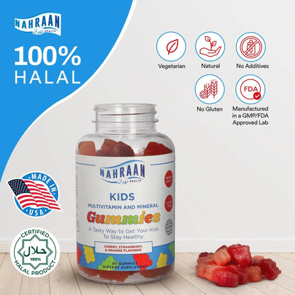 NAHRAAN HEALTH Halal Vitamins for Kids - Halal Multivitamins for Kids Vitamin A, C, D, E, B6, B12 - Non-GMO Vegetarian, Halal Gummies - 90 Count - dailyvitalstore