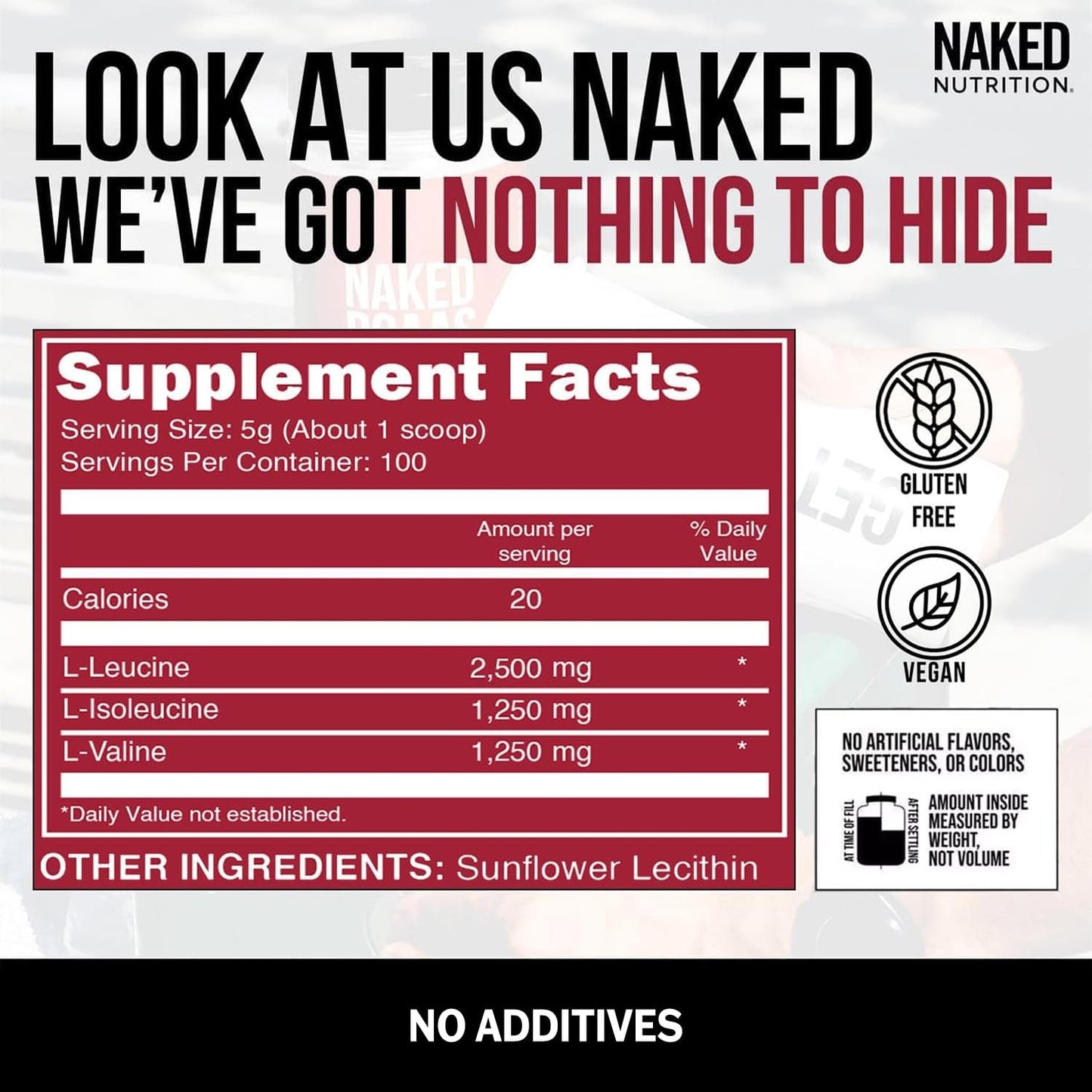 NAKED BCAAs Amino Acids Powder, Only 1 Ingredient, Pure 2:1:1 Formula, Vegan Unflavored Branched Chain Amino Acids, Instantized All Natural BCAA Supplement - 500 Grams, 100 Servings - dailyvitalstore
