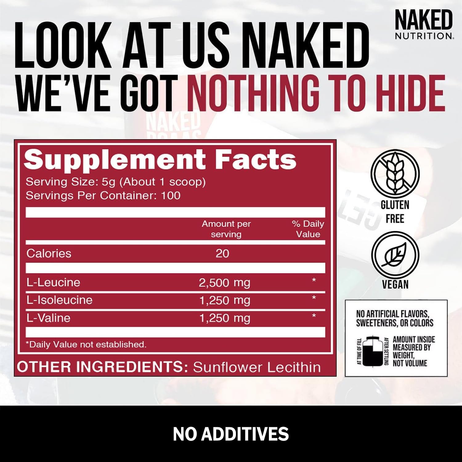 NAKED BCAAs Amino Acids Powder, Only 1 Ingredient, Pure 2:1:1 Formula, Vegan Unflavored Branched Chain Amino Acids, Instantized All Natural BCAA Supplement - 500 Grams, 100 Servings - dailyvitalstore