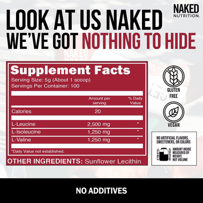 NAKED BCAAs Amino Acids Powder, Only 1 Ingredient, Pure 2:1:1 Formula, Vegan Unflavored Branched Chain Amino Acids, Instantized All Natural BCAA Supplement - 500 Grams, 100 Servings - dailyvitalstore