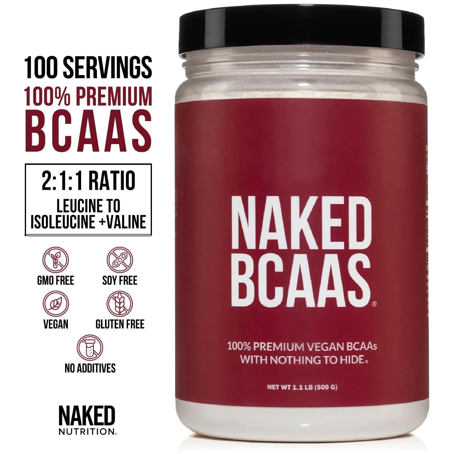 NAKED BCAAs Amino Acids Powder, Only 1 Ingredient, Pure 2:1:1 Formula, Vegan Unflavored Branched Chain Amino Acids, Instantized All Natural BCAA Supplement - 500 Grams, 100 Servings - dailyvitalstore