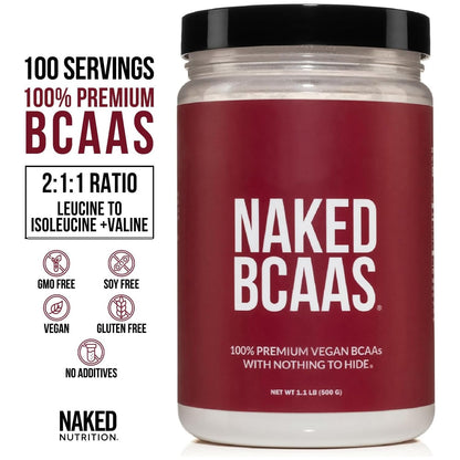 NAKED BCAAs Amino Acids Powder, Only 1 Ingredient, Pure 2:1:1 Formula, Vegan Unflavored Branched Chain Amino Acids, Instantized All Natural BCAA Supplement - 500 Grams, 100 Servings - dailyvitalstore