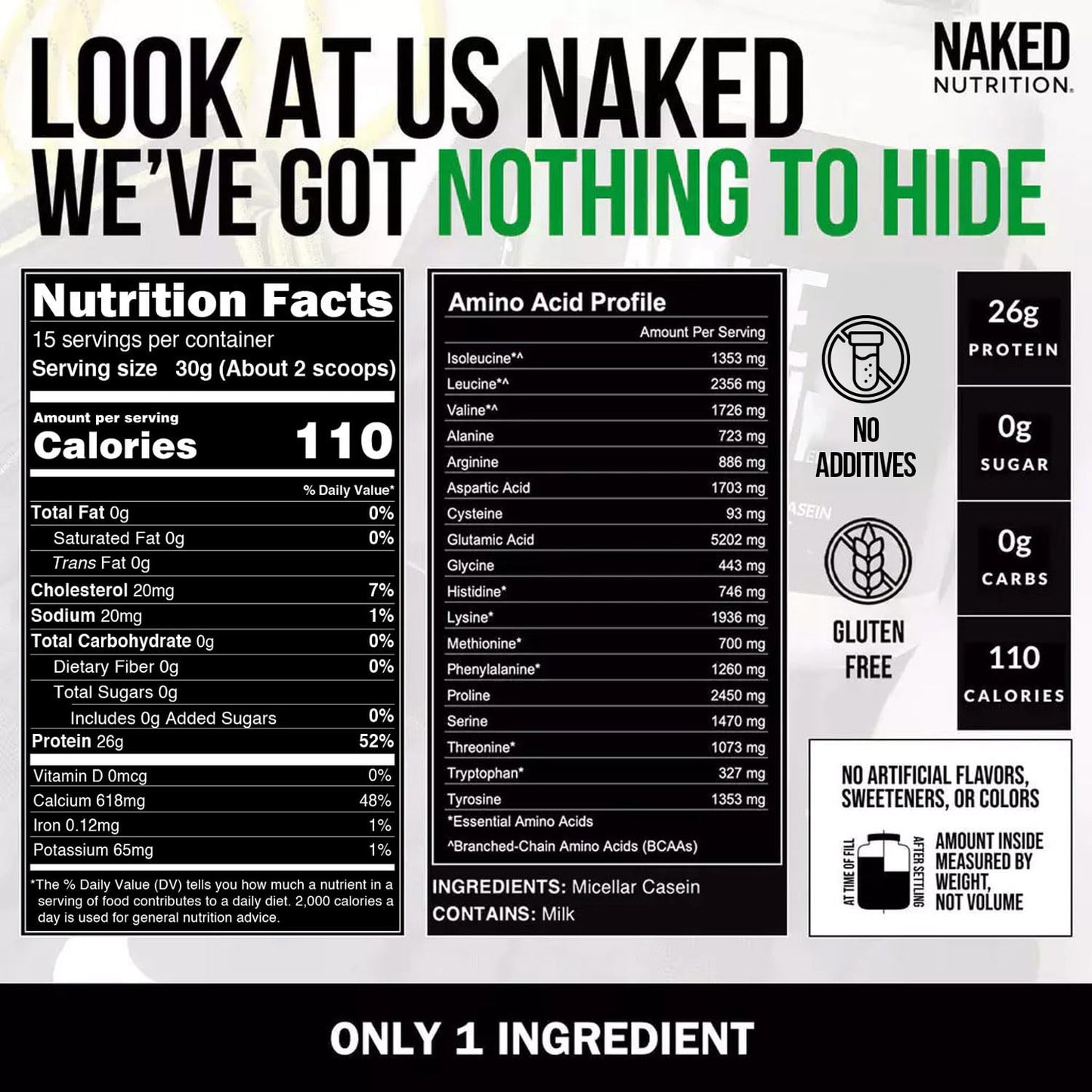 NAKED Casein - 1Lb Micellar Casein Protein - Bulk, Zero Carb, NSF Certified, GMO-Free, Gluten Free, Soy Free, Preservative Free - Stimulate Muscle Growth - dailyvitalstore