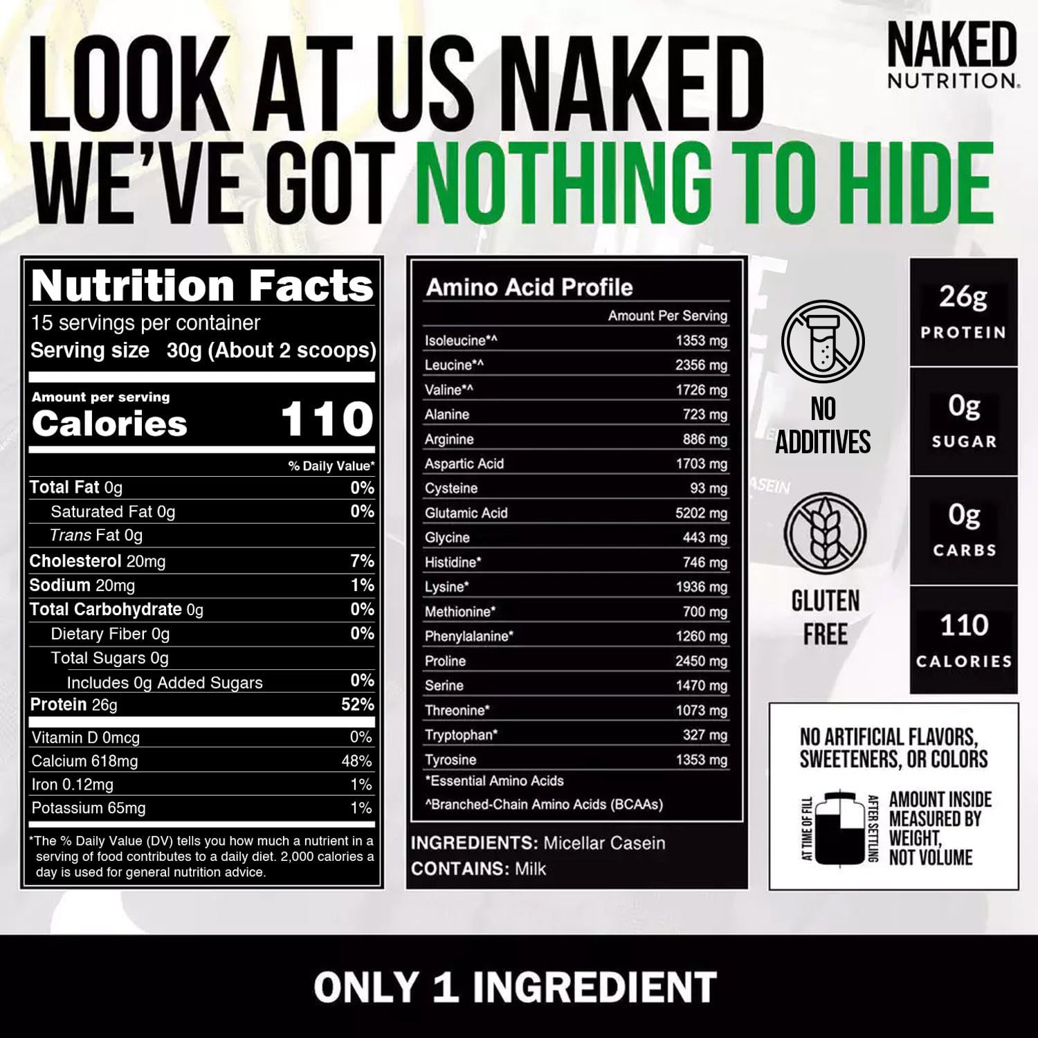 NAKED Casein - 1Lb Micellar Casein Protein - Bulk, Zero Carb, NSF Certified, GMO-Free, Gluten Free, Soy Free, Preservative Free - Stimulate Muscle Growth - dailyvitalstore