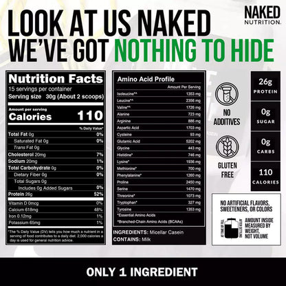 NAKED Casein - 1Lb Micellar Casein Protein - Bulk, Zero Carb, NSF Certified, GMO-Free, Gluten Free, Soy Free, Preservative Free - Stimulate Muscle Growth - dailyvitalstore