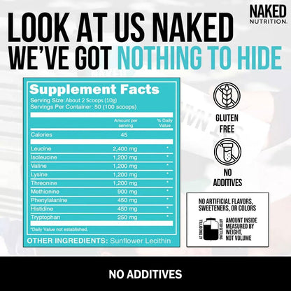 NAKED EAAs Amino Acids Powder - 50 Servings - Vegan Unflavored Essential Amino Acids 500 Grams - Instantized All Natural EAAs Powder Supplement - dailyvitalstore