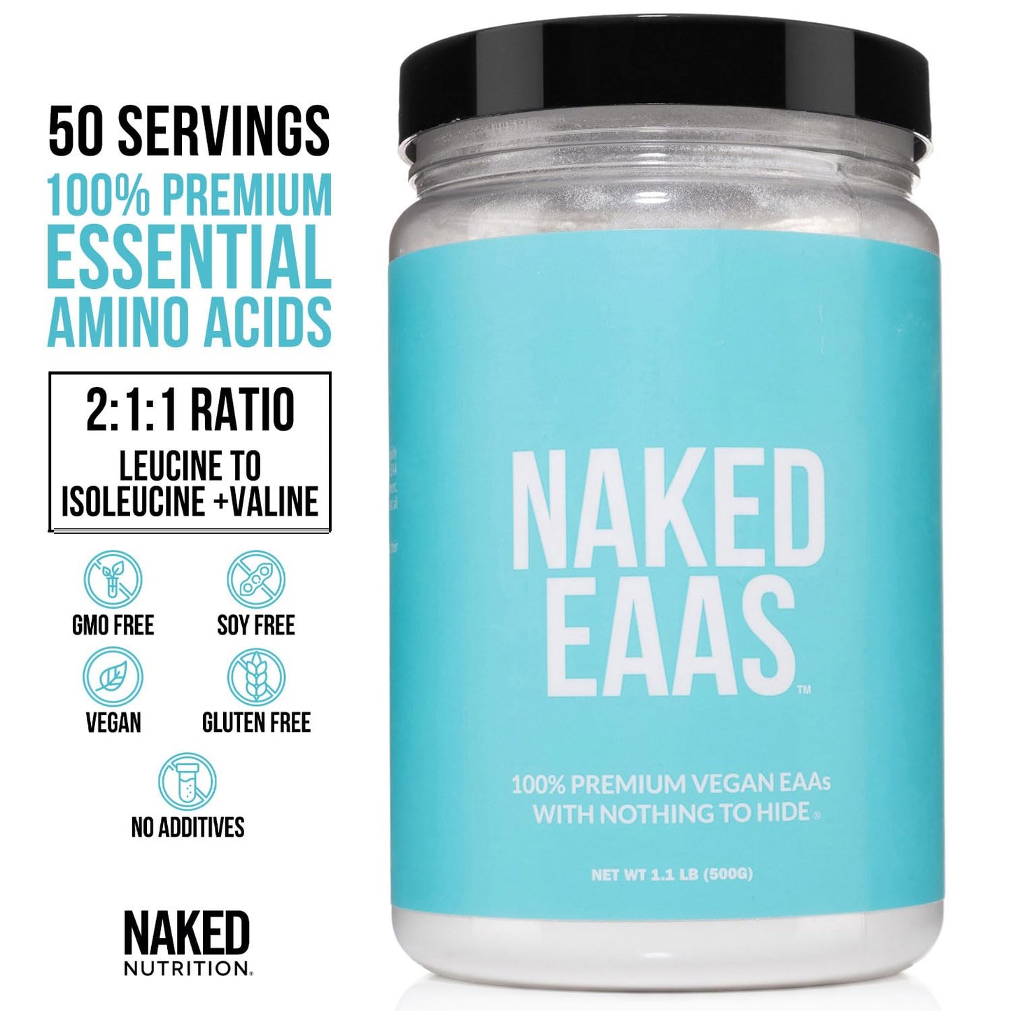 NAKED EAAs Amino Acids Powder - 50 Servings - Vegan Unflavored Essential Amino Acids 500 Grams - Instantized All Natural EAAs Powder Supplement - dailyvitalstore