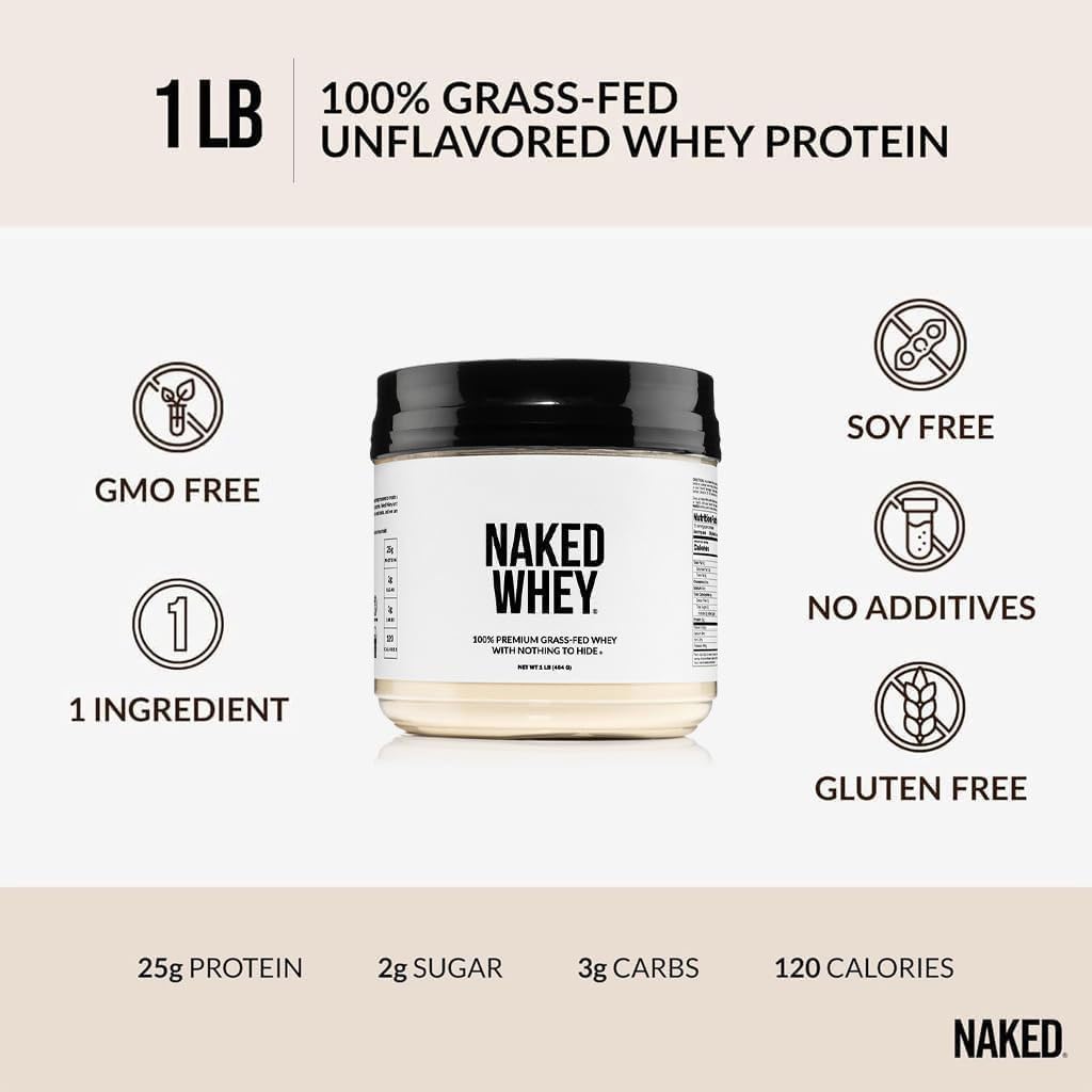 NAKED Whey 1Lb - Only 1 Ingredient, Grass Fed Whey Protein Powder, NSF Certified, Undenatured, No Gmos, No Soy, Gluten Free - dailyvitalstore