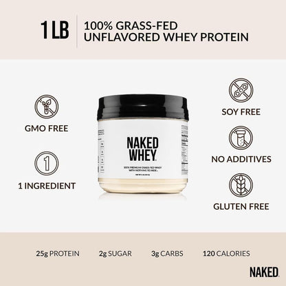 NAKED Whey 1Lb - Only 1 Ingredient, Grass Fed Whey Protein Powder, NSF Certified, Undenatured, No Gmos, No Soy, Gluten Free - dailyvitalstore