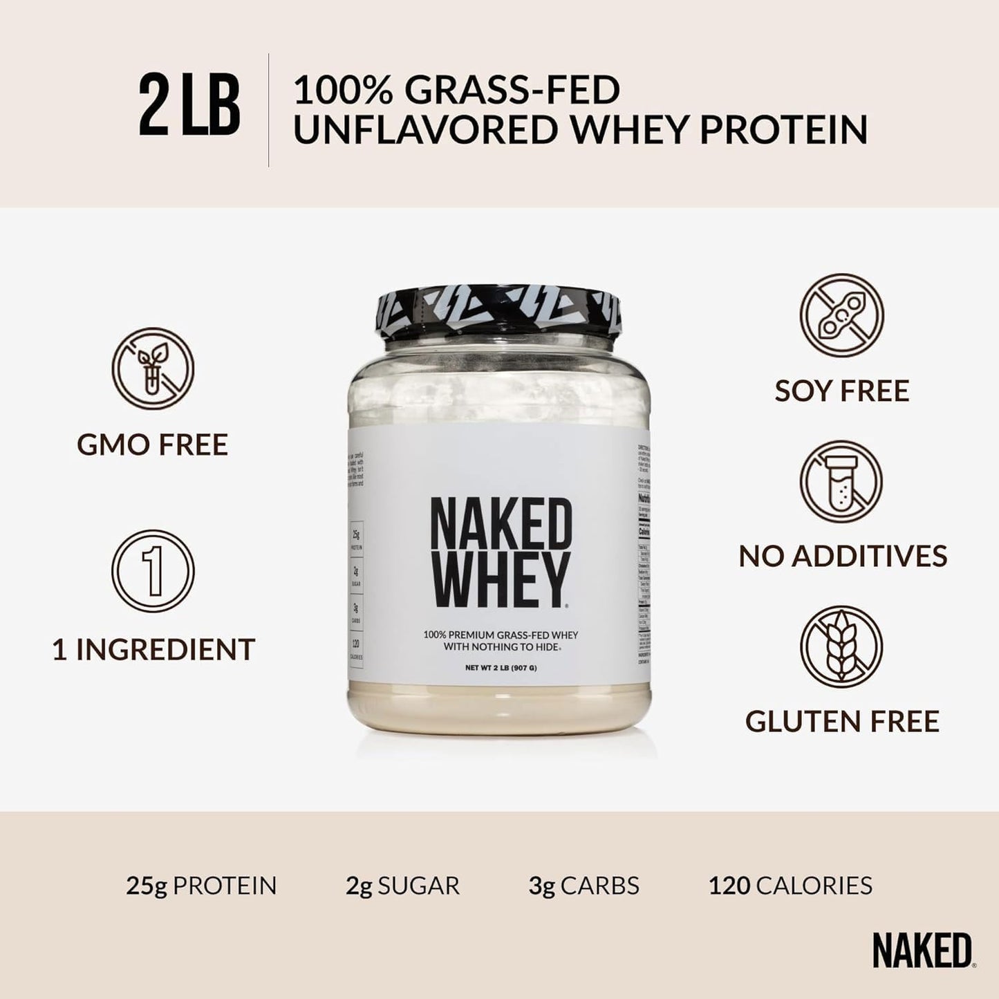 NAKED Whey 2LB 100% Grass Fed Whey Protein Powder - Only 1 Ingredient, Unflavored Whey Protein, NSF Certified, Undenatured, Gluten Free, - dailyvitalstore