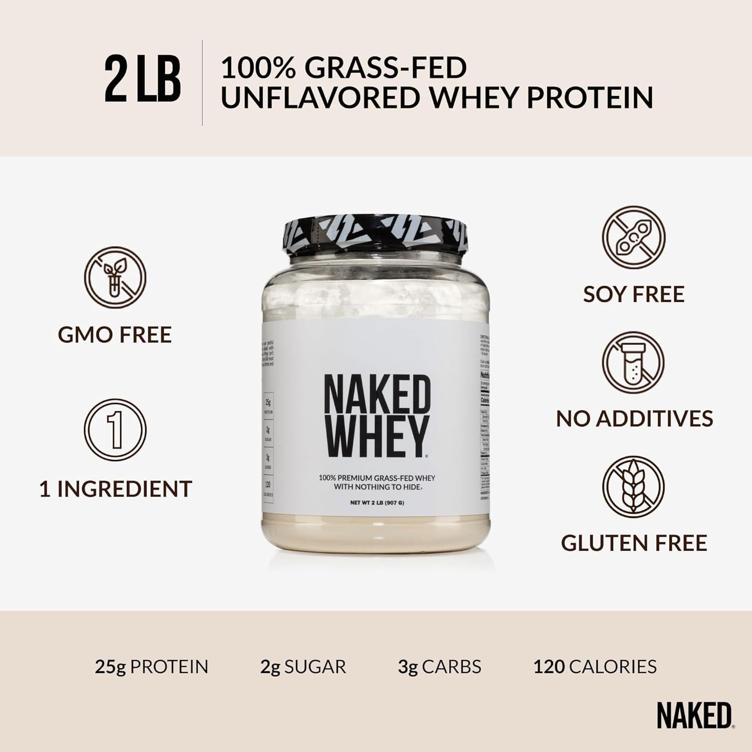 NAKED Whey 2LB 100% Grass Fed Whey Protein Powder - Only 1 Ingredient, Unflavored Whey Protein, NSF Certified, Undenatured, Gluten Free, - dailyvitalstore