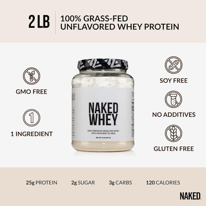 NAKED Whey 2LB 100% Grass Fed Whey Protein Powder - Only 1 Ingredient, Unflavored Whey Protein, NSF Certified, Undenatured, Gluten Free, - dailyvitalstore