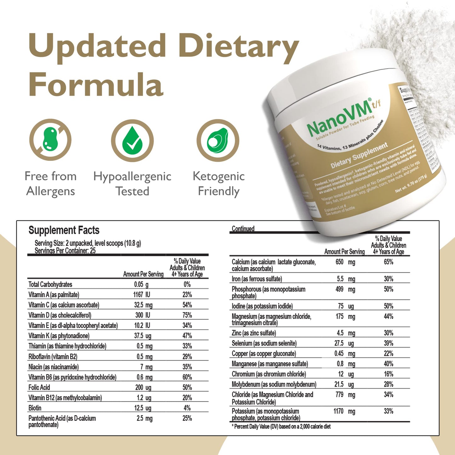 NanoVM t/f, Dietary Supplement for Tube Feeding, Allergen-Free Kids Multivitamin, Unflavored Vitamin Powder with 14 Vitamins & 13 Minerals, Low-Carb Kids Vitamins, 275g - Solace Nutrition - dailyvitalstore