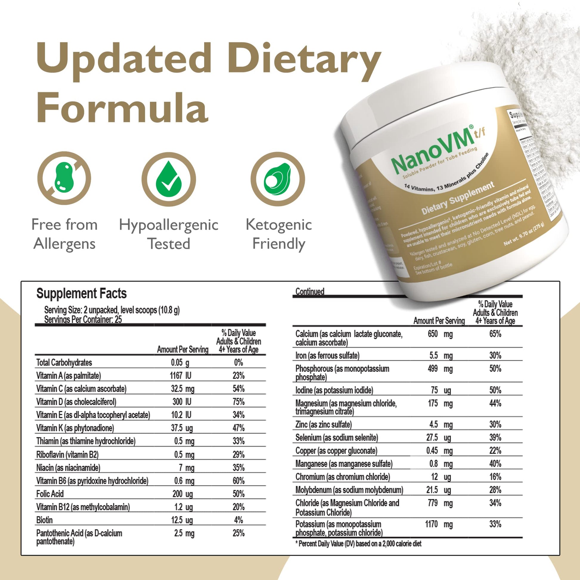 NanoVM t/f, Dietary Supplement for Tube Feeding, Allergen-Free Kids Multivitamin, Unflavored Vitamin Powder with 14 Vitamins & 13 Minerals, Low-Carb Kids Vitamins, 275g - Solace Nutrition - dailyvitalstore