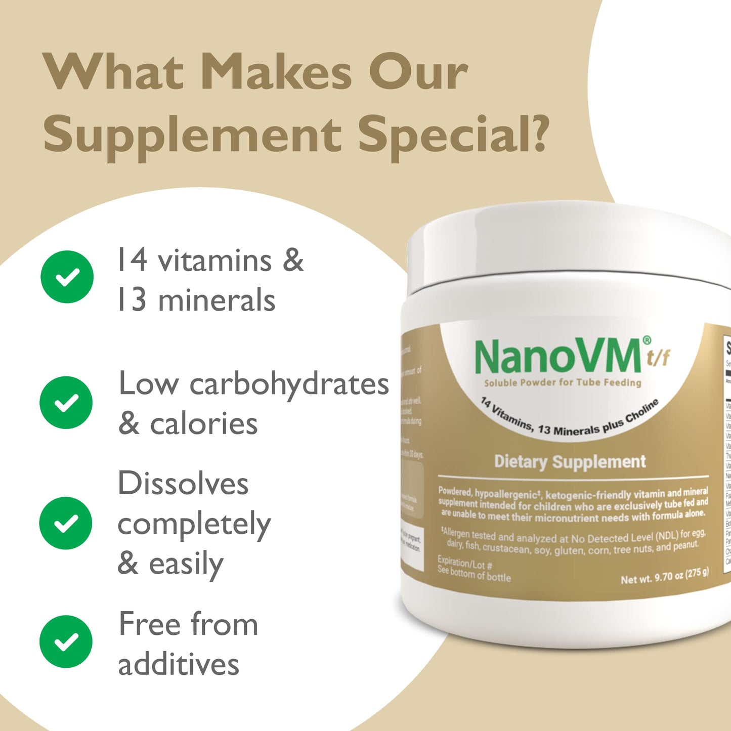 NanoVM t/f, Dietary Supplement for Tube Feeding, Allergen-Free Kids Multivitamin, Unflavored Vitamin Powder with 14 Vitamins & 13 Minerals, Low-Carb Kids Vitamins, 275g - Solace Nutrition - dailyvitalstore