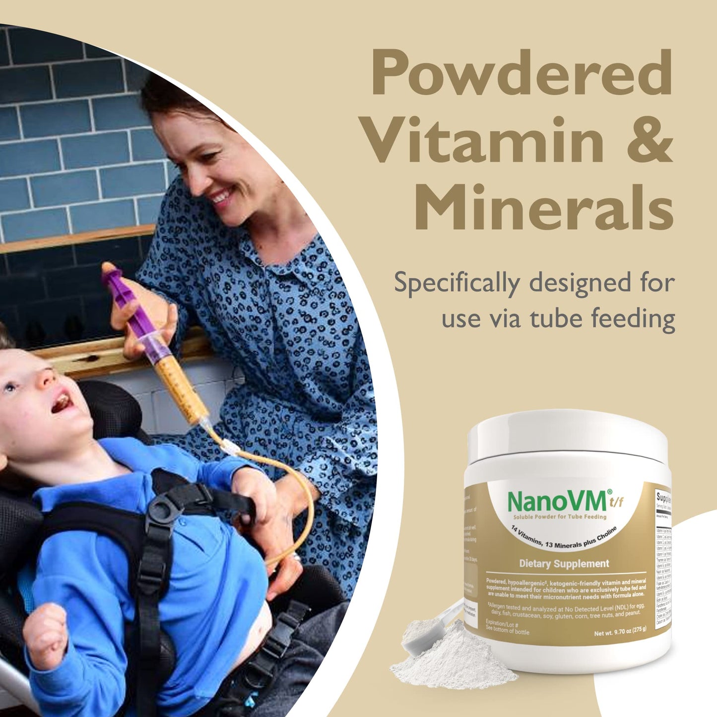 NanoVM t/f, Dietary Supplement for Tube Feeding, Allergen-Free Kids Multivitamin, Unflavored Vitamin Powder with 14 Vitamins & 13 Minerals, Low-Carb Kids Vitamins, 275g - Solace Nutrition - dailyvitalstore