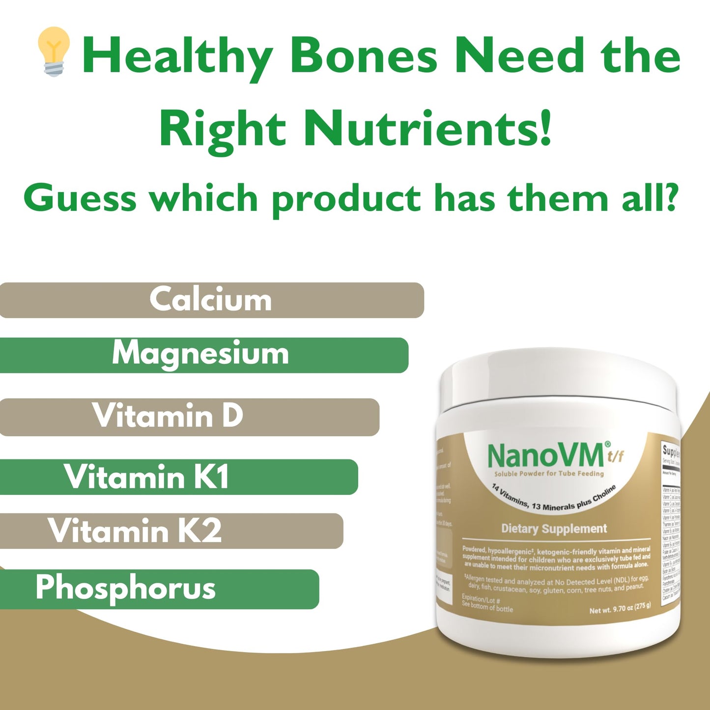 NanoVM t/f, Dietary Supplement for Tube Feeding, Allergen-Free Kids Multivitamin, Unflavored Vitamin Powder with 14 Vitamins & 13 Minerals, Low-Carb Kids Vitamins, 275g - Solace Nutrition - dailyvitalstore