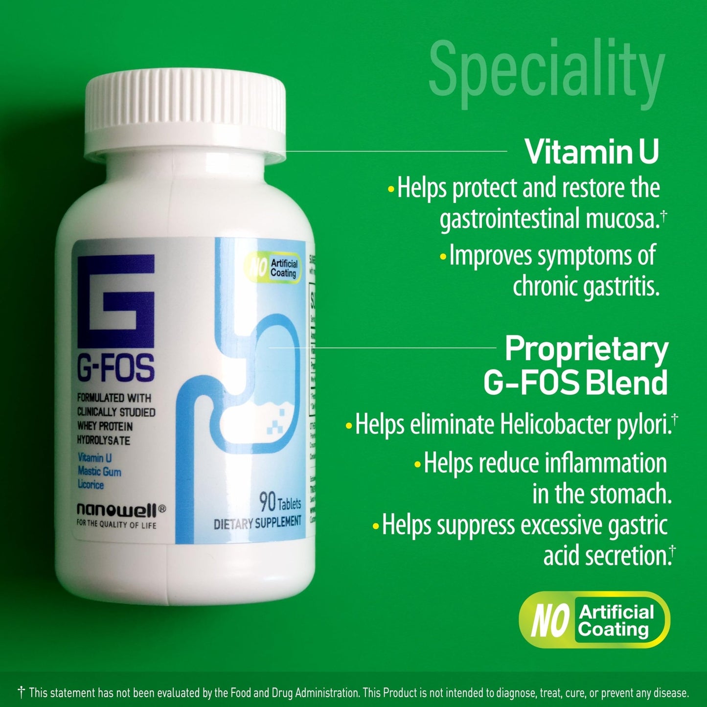 NANOWELL G-FOS Digestive Health Supplement, Vitamin U - 90 Tablets X 2 Bottles for 2 Months (180 Count) - dailyvitalstore