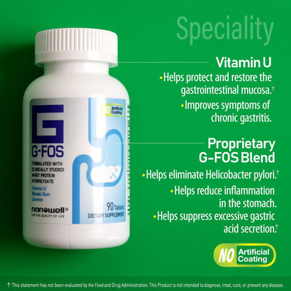 NANOWELL G-FOS Digestive Health Supplement, Vitamin U - 90 Tablets X 2 Bottles for 2 Months (180 Count) - dailyvitalstore