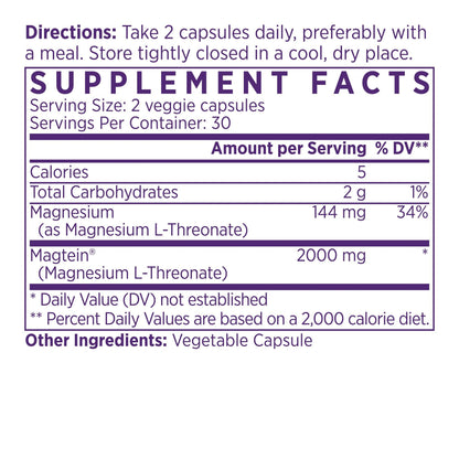 NAOMI Magnesium L-Threonate with 2,000mg Patented Magtein®, High Absorption Elemental Magnesium, Memory Supplement - Brain Health, Focus, Nerve Support, Heart Health, Natural Sleep Aid, 60 Veggie Caps - dailyvitalstore