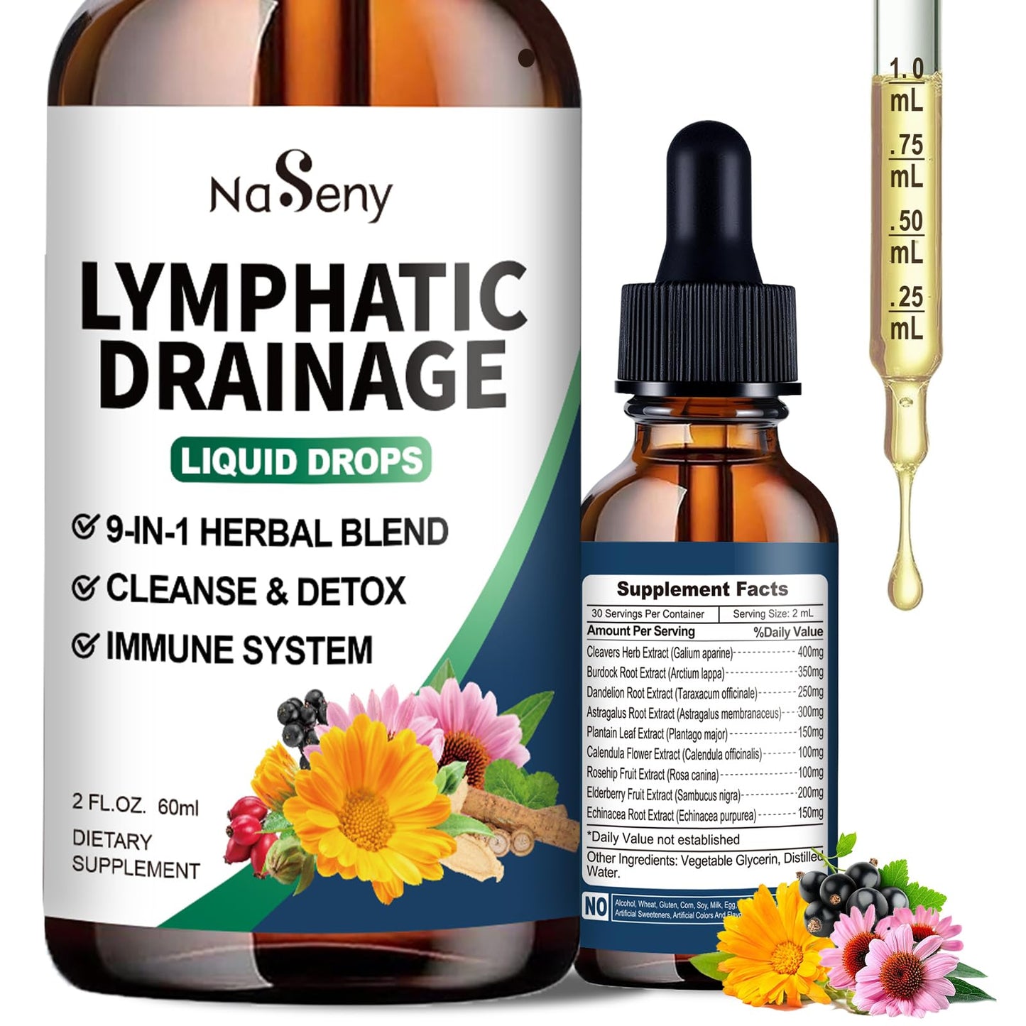 NaSeny Lymphatic Drainage Drops, 9 IN1 Lymphatic Drainage Supplements for Detox & Cleanse, Immune System Support with Echinacea, Elderberry, Dandelion, Arctium Lappa, 2 FL OZ - dailyvitalstore