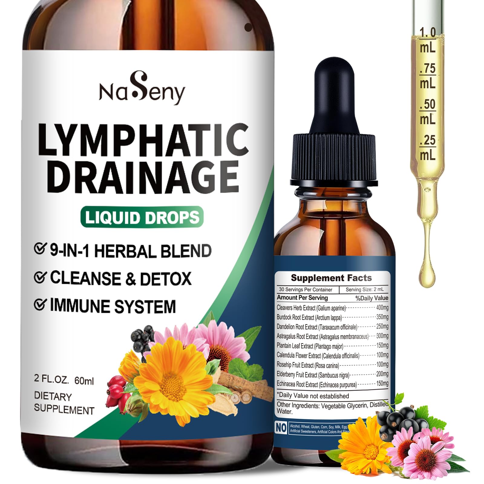 NaSeny Lymphatic Drainage Drops, 9 IN1 Lymphatic Drainage Supplements for Detox & Cleanse, Immune System Support with Echinacea, Elderberry, Dandelion, Arctium Lappa, 2 FL OZ - dailyvitalstore