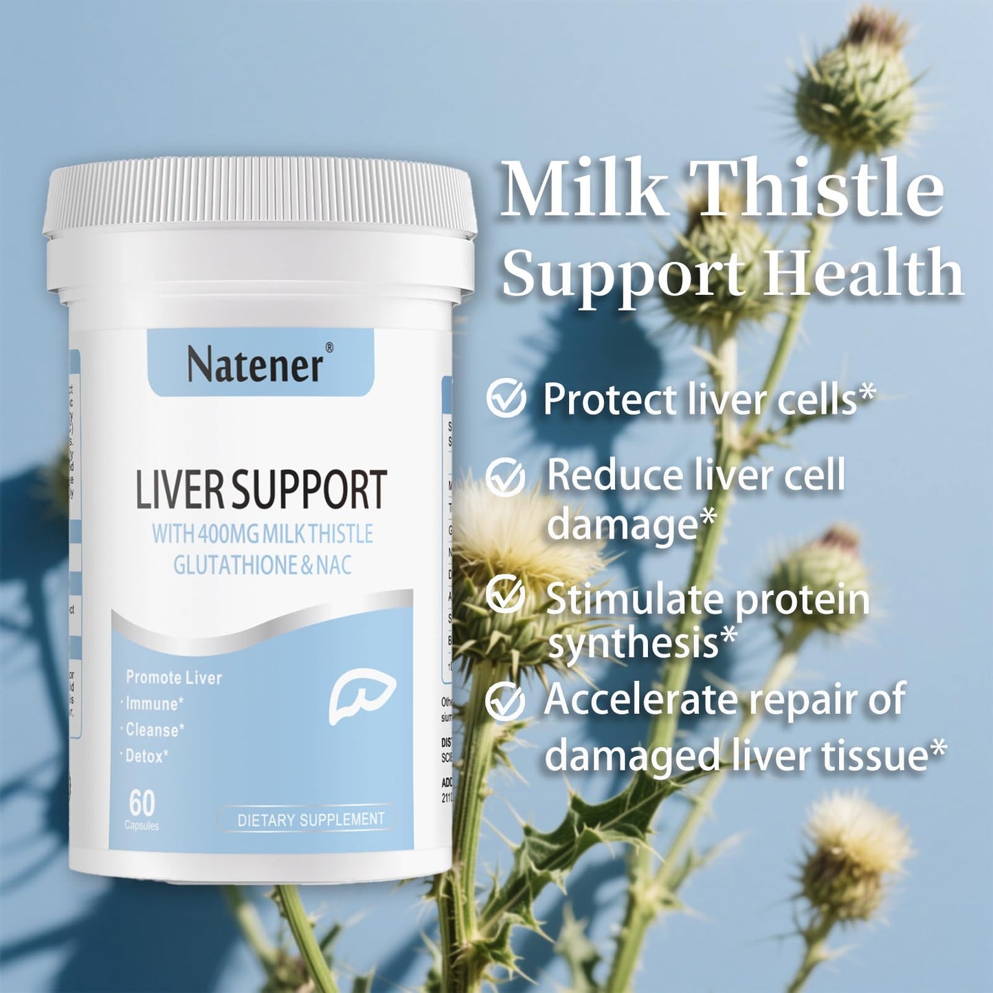 Natener Liver Support with 200mg Milk Thistle, 100mg Glutathione, 100mg NAC, 150mg Tumeric, Dandelion, Artichoke, Liver Cleanse Detox & Repair, Supports Energy*, Immunity & Liver Health*, 60 caps - dailyvitalstore