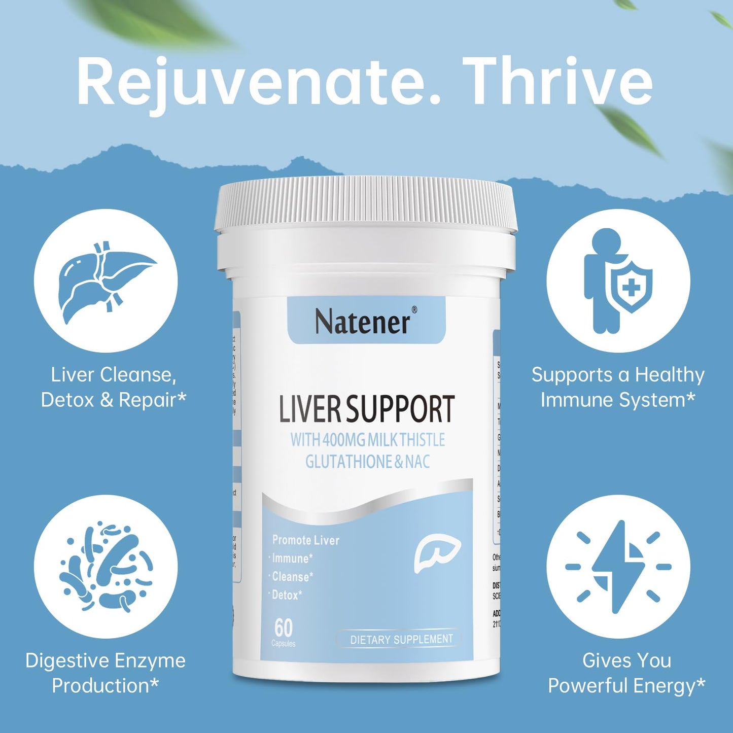 Natener Liver Support with 200mg Milk Thistle, 100mg Glutathione, 100mg NAC, 150mg Tumeric, Dandelion, Artichoke, Liver Cleanse Detox & Repair, Supports Energy*, Immunity & Liver Health*, 60 caps - dailyvitalstore
