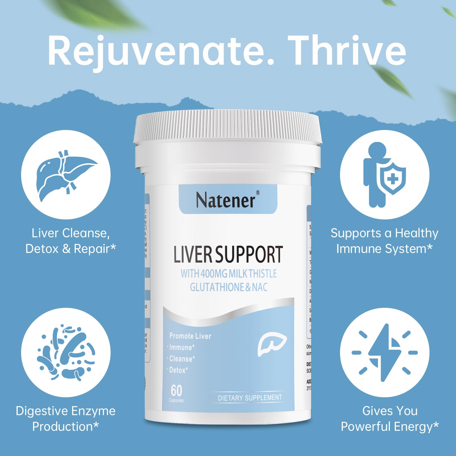 Natener Liver Support with 200mg Milk Thistle, 100mg Glutathione, 100mg NAC, 150mg Tumeric, Dandelion, Artichoke, Liver Cleanse Detox & Repair, Supports Energy*, Immunity & Liver Health*, 60 caps - dailyvitalstore