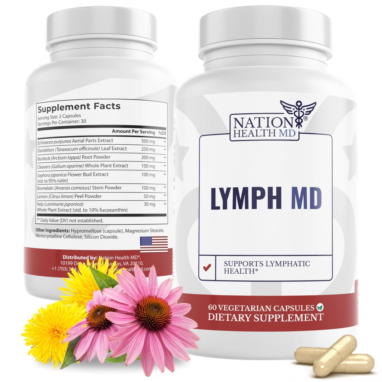 NATION HEALTH MD Lymph MD - Lymphatic Drainage Supplement - with Bromelain, Echinacea, Burdock Root, Dandelion, Rutin, Kelp & More - Lymph System Support for Women & Men - 60 Capsules - dailyvitalstore