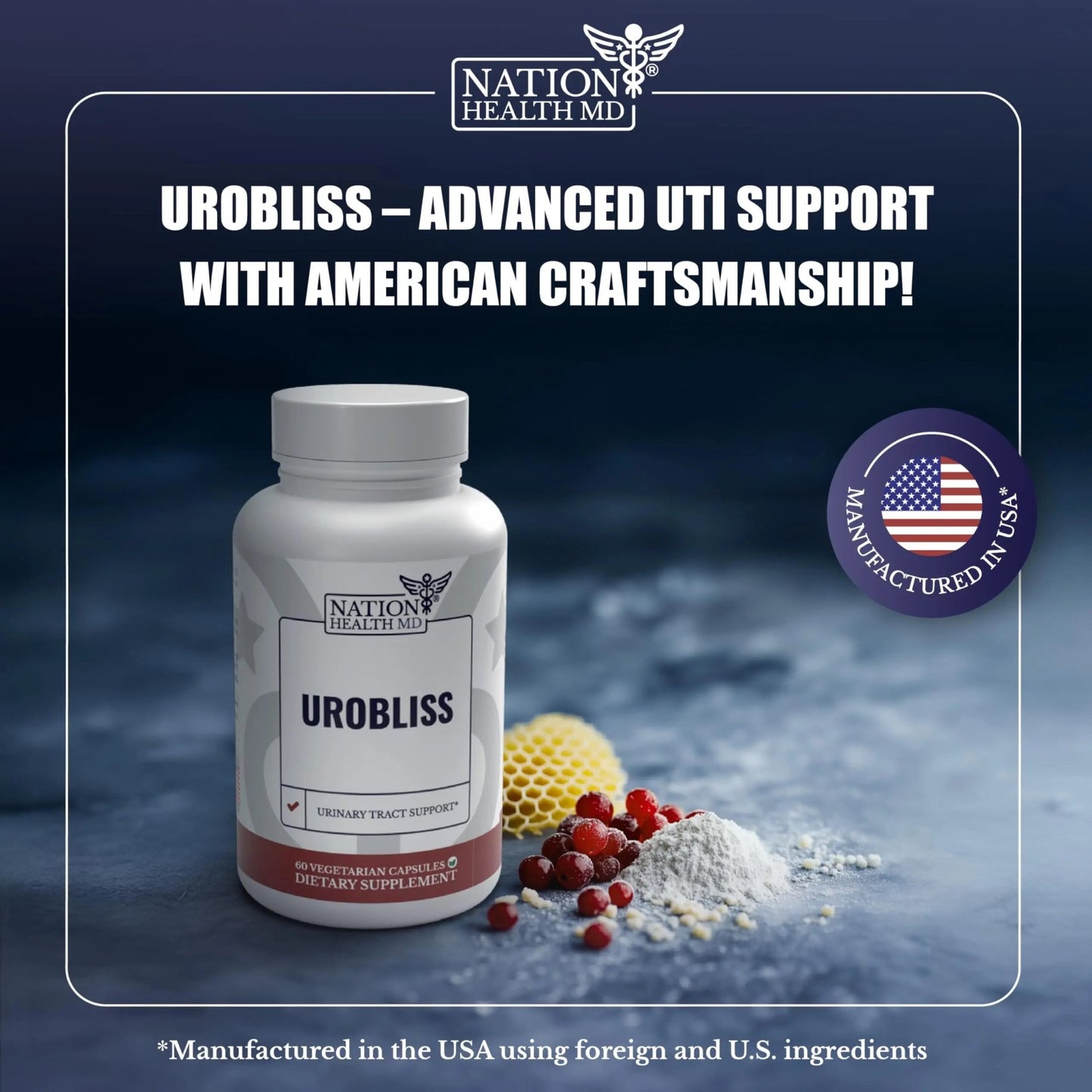 NATION HEALTH MD UroBliss Formula for Urinary Tract Support - D Mannose 1000mg Capsules with Cranberry Extract for Feminine Care and UTI-Health, 60 Capsules - dailyvitalstore
