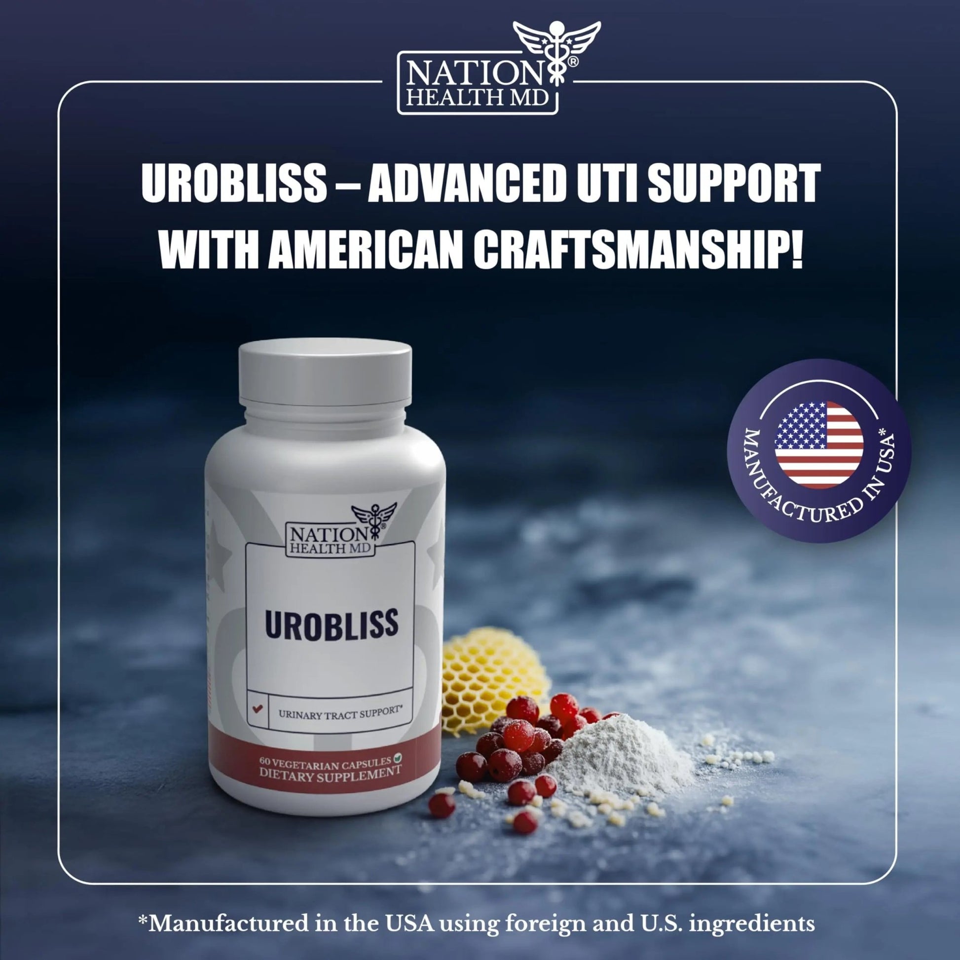 NATION HEALTH MD UroBliss Formula for Urinary Tract Support - D Mannose 1000mg Capsules with Cranberry Extract for Feminine Care and UTI-Health, 60 Capsules - dailyvitalstore