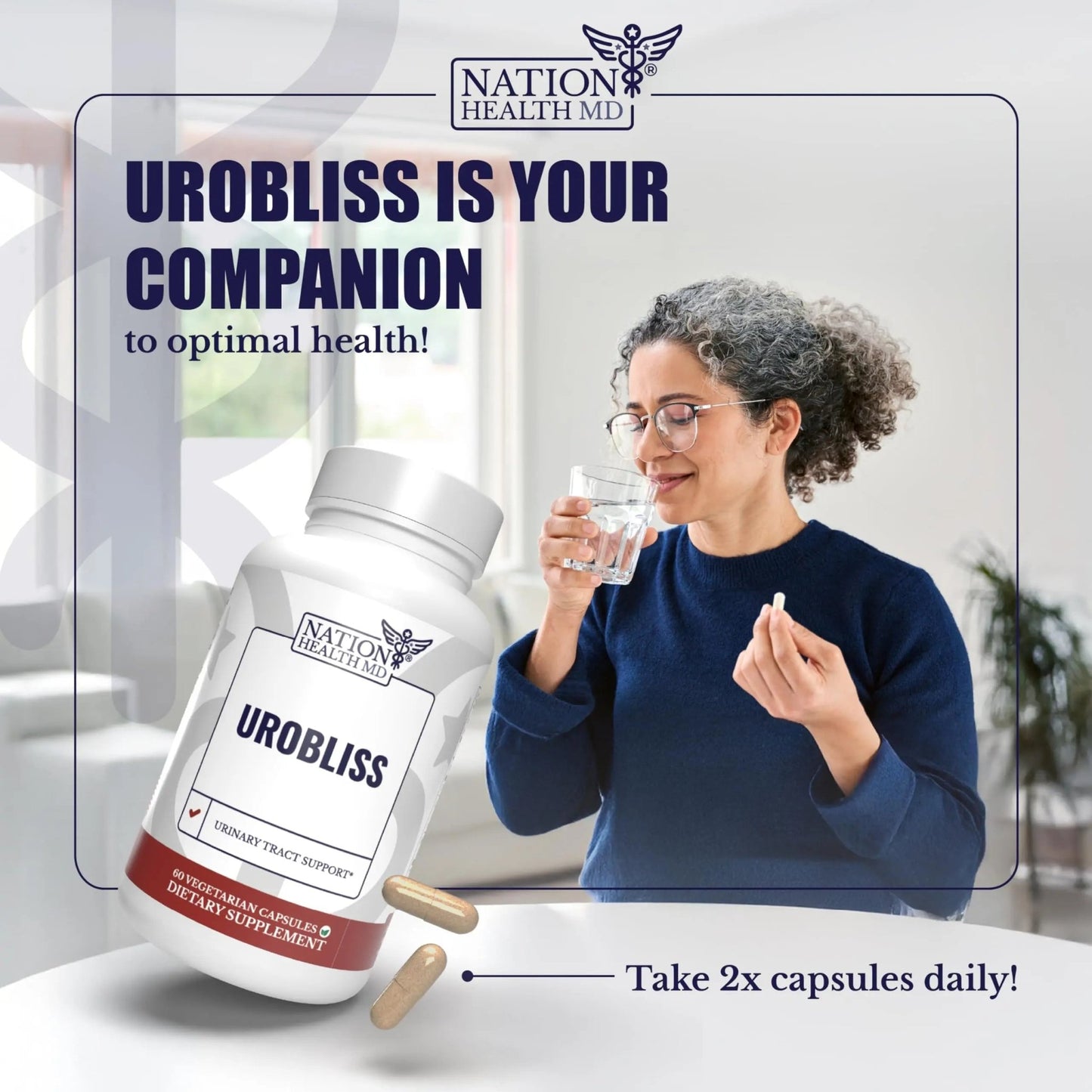 NATION HEALTH MD UroBliss Formula for Urinary Tract Support - D Mannose 1000mg Capsules with Cranberry Extract for Feminine Care and UTI-Health, 60 Capsules - dailyvitalstore