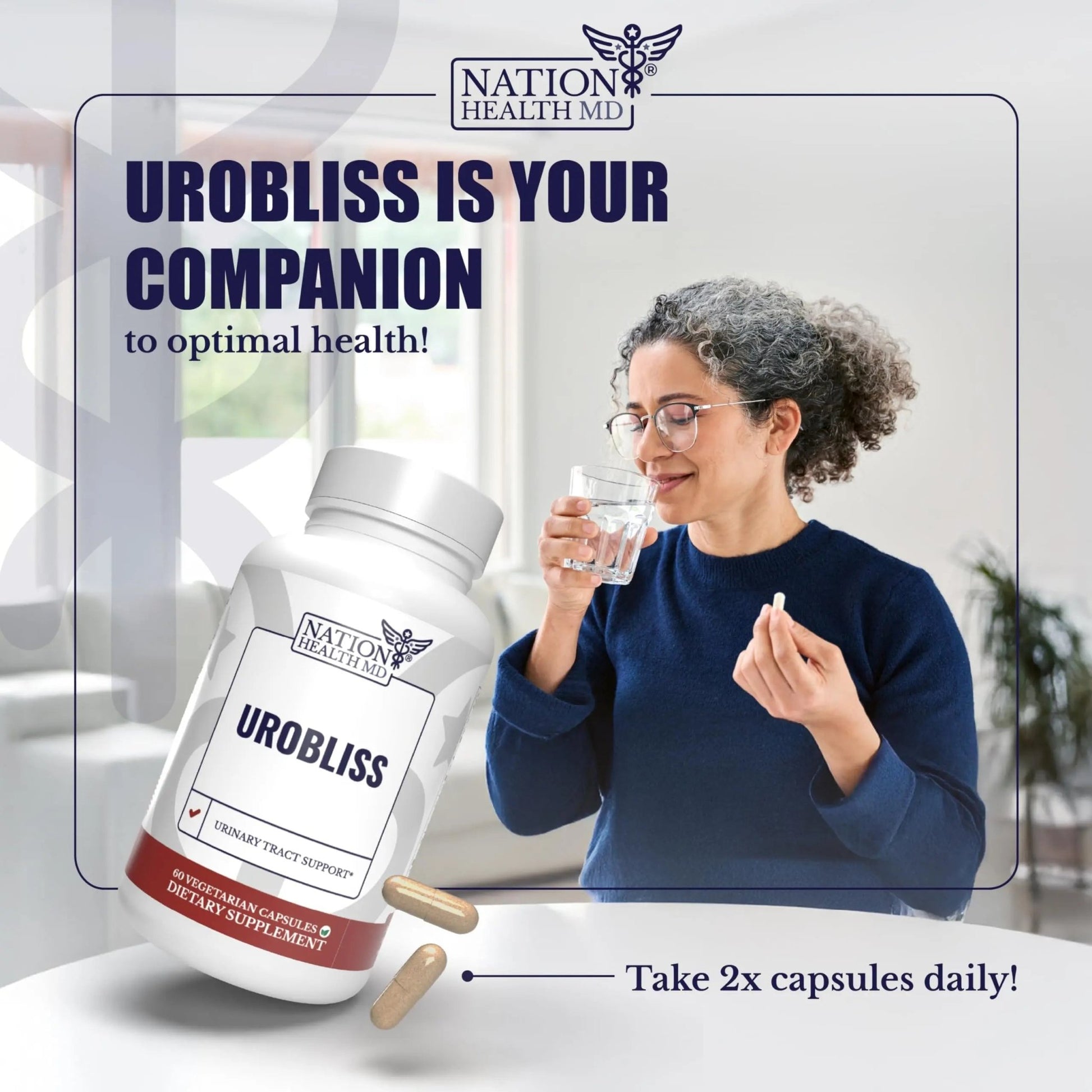 NATION HEALTH MD UroBliss Formula for Urinary Tract Support - D Mannose 1000mg Capsules with Cranberry Extract for Feminine Care and UTI-Health, 60 Capsules - dailyvitalstore