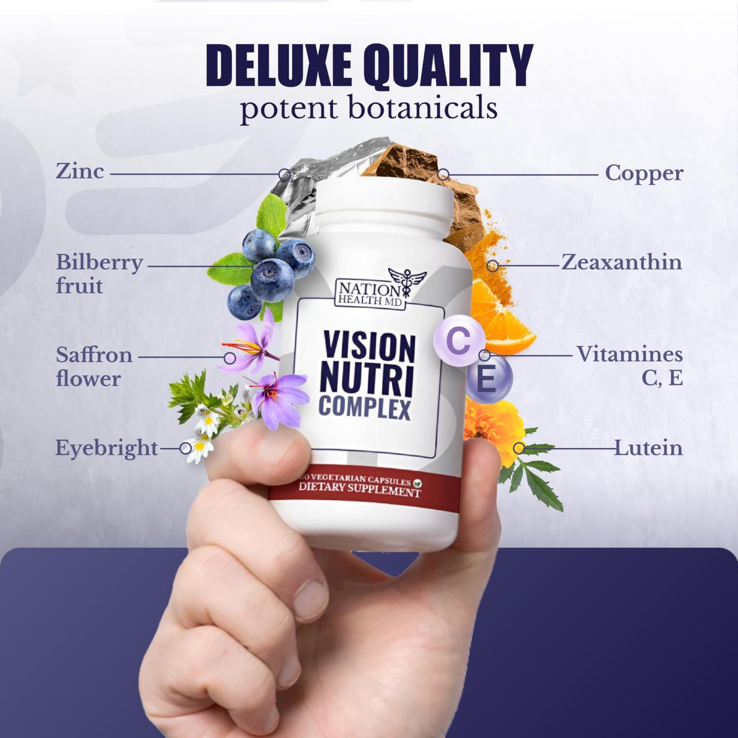 NATION HEALTH MD Vision Nutri Complex - Eye Vitamins with Lutein, Bilberry - Eye and Vision Health for Men & Women - 60 Capsules - dailyvitalstore