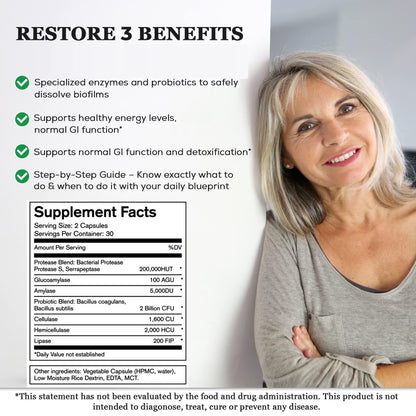 Native Formulas Restore 3 Proteolytic Enzyme & Spore Probiotic Blend Supplement - 60 Capsules - Advanced Biofilm Disruption Aid - dailyvitalstore