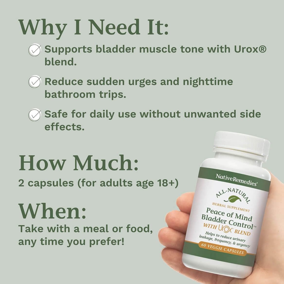 Native Remedies Bladder Control Supplements - Peace of Mind with Urox - Bladder Support for Women & Men, for Overactive Bladders Health - Reduce Nighttime Urination - Non-GMO Vegan Capsules (60 Count) - dailyvitalstore